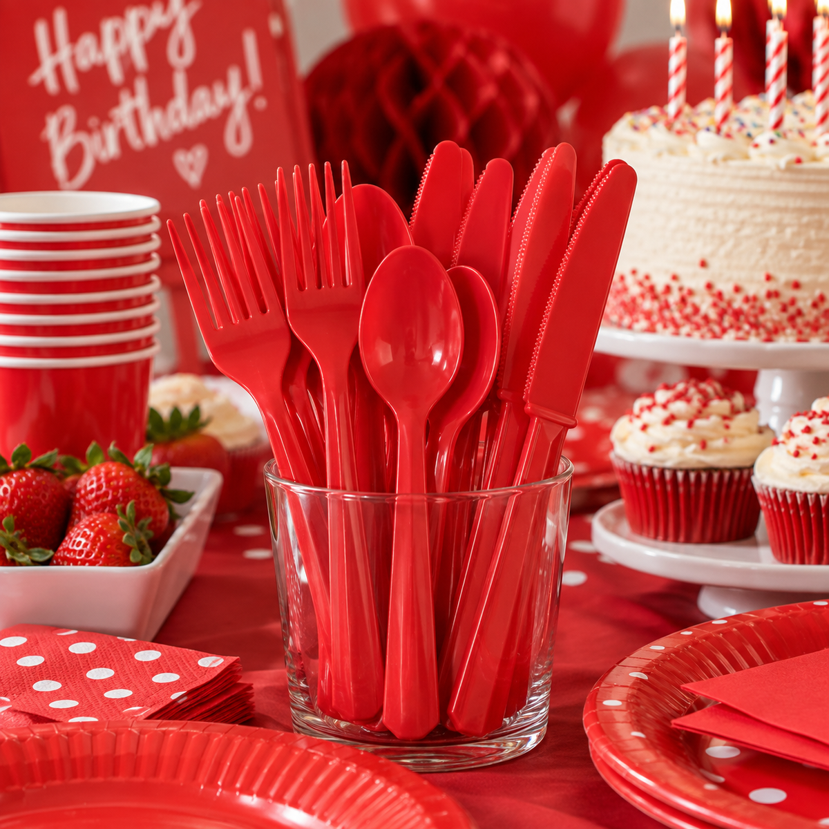 Reusable Assorted Cutlery Apple Red (x24u)