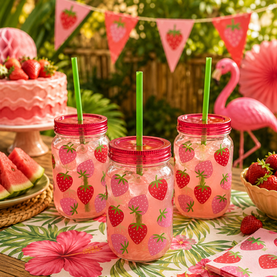 Summer Strawberry Mason Cup with Straw