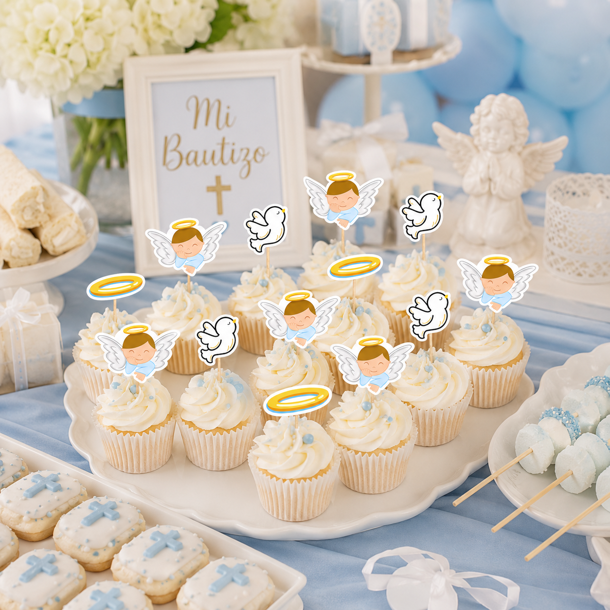 Palillos Decoradores Cupcake Mi Bautizo Niño (x12u)