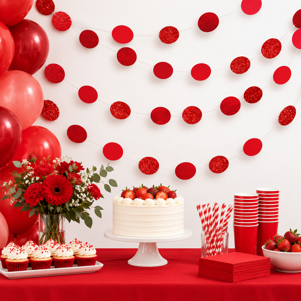 Round Glitter String Decorations Red (x6u)