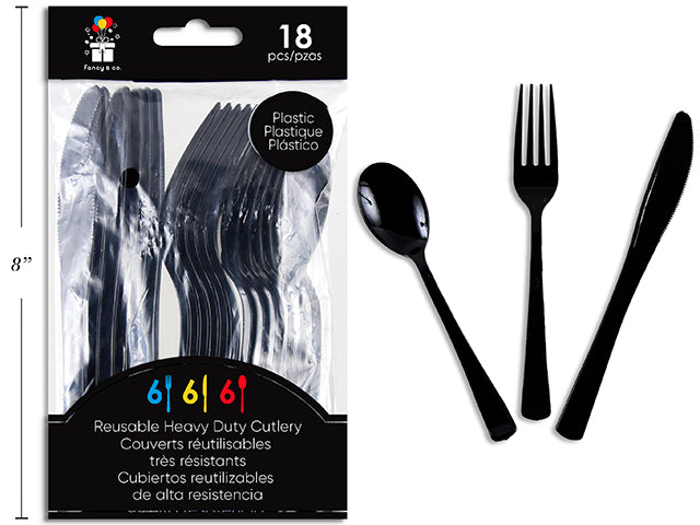 Cubiertos Plásticos Negros Reutilizables 18pcs
