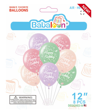 Latex Balloon 12" Happy Bday Pastel Assorted (x8u)