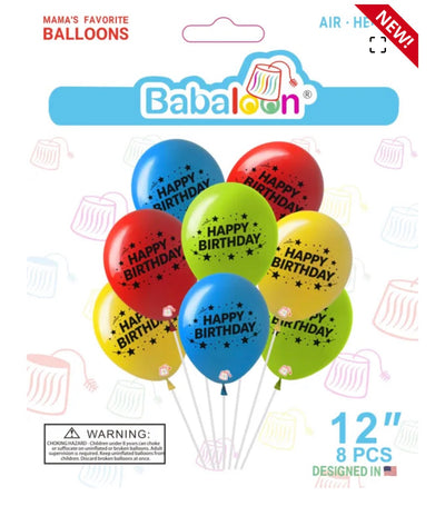 Latex Balloon 12" Happy Bday Bright Assorted (x8u)