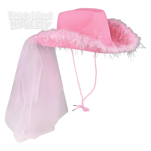Sombrero rosa de Vaquera con Velo y Plumas (x1u)