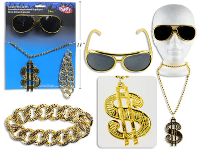 Set 3 Disfraz Gangster Adulto – Incluye Gafas / Medallón / Pulsera