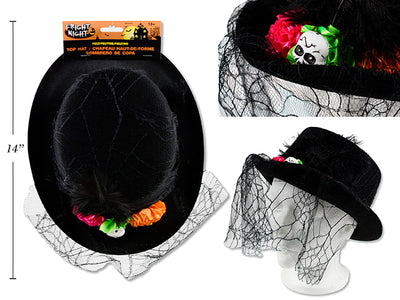 Sombrero Copa Fieltro con Encaje Flores Calavera y Pluma