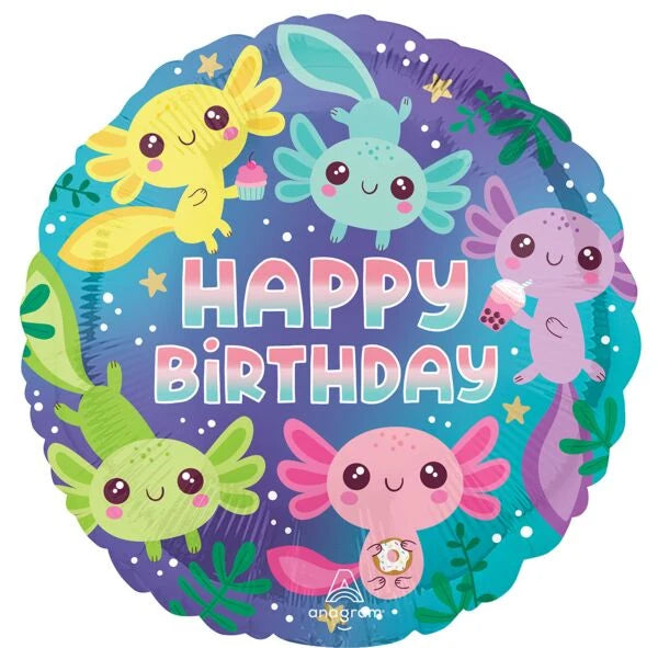 Cute Colorful Axolotl Happy Birthday Foil Balloon 18”