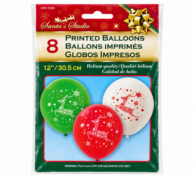 Set 8 Globos Navidad 12" 3 Colores – Rojo / Verde / Blanco
