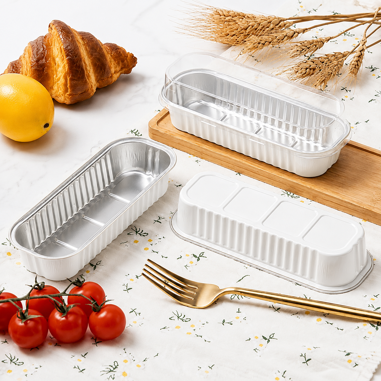 Foil Rectangle Container White With Lid (25pcs)