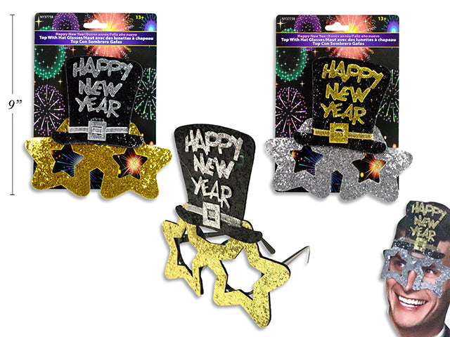 Happy New Years Glitter Star Top Hat Glasses. 2 Asst. Toc.