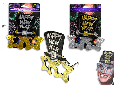 Happy New Years Glitter Star Top Hat Glasses. 2 Asst. Toc.