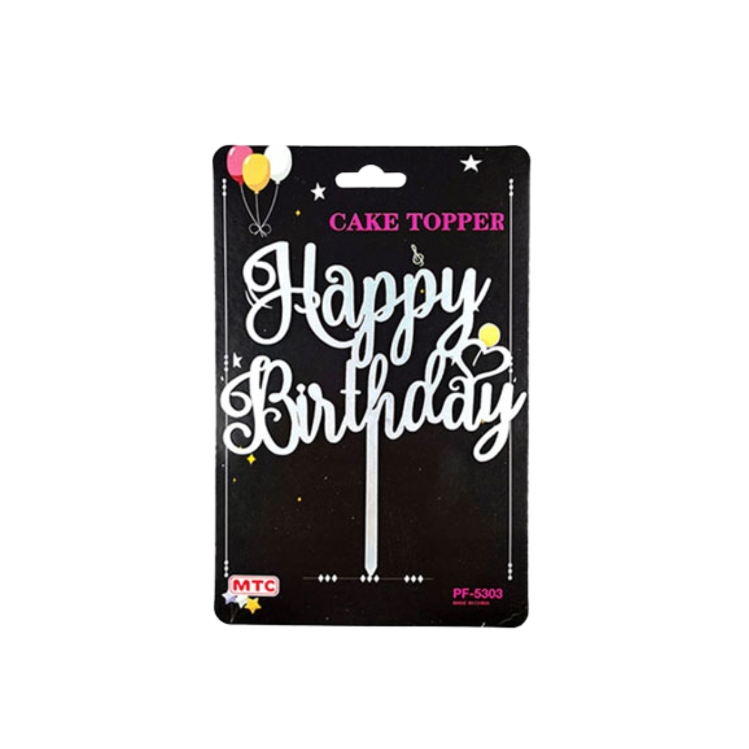 Happy Birthday Cake Topper Silver