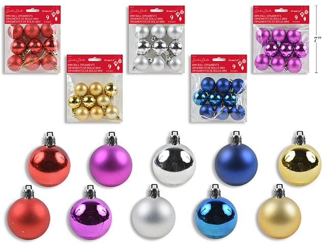 9pk 40mm Mini Ball Ornaments. 5 Asst.Colours in Shiny & Matte. pbh