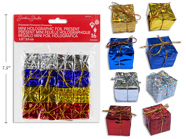 Adornos Navideños Mini Regalos Holográficos 16 unidades – Colores Azul, Rojo, Plateado y Dorado