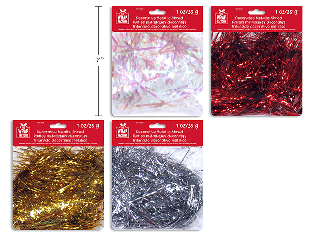 1oz Decorative Metallic Tinsel Angel Hair Shred. 4 Asst.Colors:Red / Silver / Gold/ Iridescent. Pbh