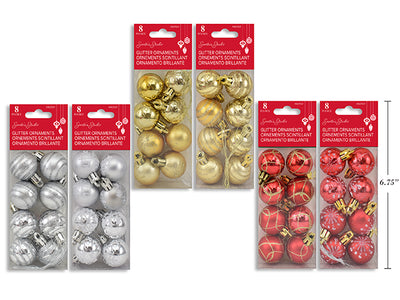 Paquete de 8 Adornos Pintados a Mano (30mm) - Glitter Mate/Brillante, 6 Estilos Aleatorios en Caja de PVC