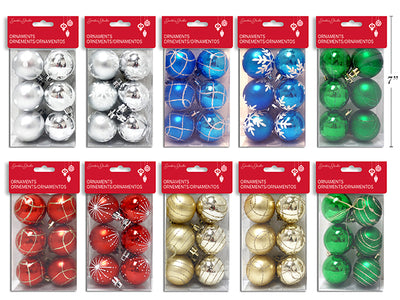 6pk 40mm Matte/Shiny Hand Painted Glitter Ornament Assortment. 6 Asst. 5th Panel PVC Box.