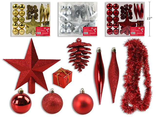 50pk Deluxe Xmas Ornament Assortments w/Tree Topper Set. 3 Asst.Colours. PVC Box w/Label.