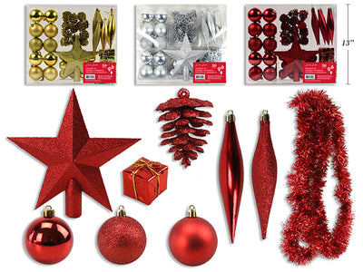 50pk Deluxe Xmas Ornament Assortments w/Tree Topper Set. 3 Asst.Colours. PVC Box w/Label.