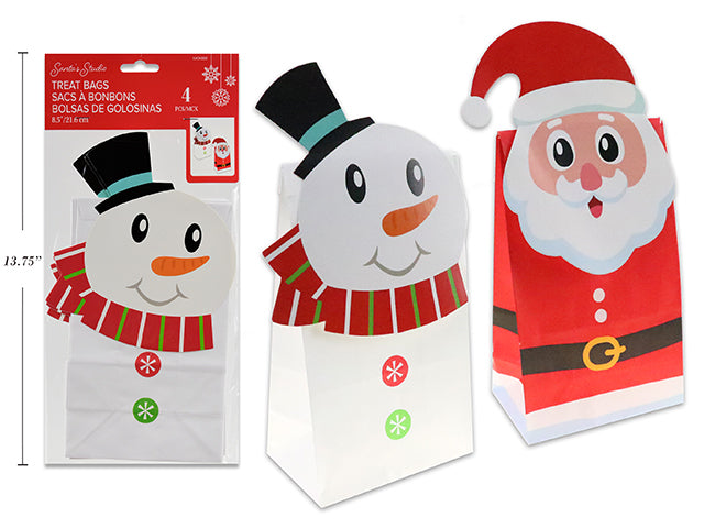 4pk 8.5in Xmas Die-Cut Character Treat Bags. 2 Asst.Styles. Pbh.