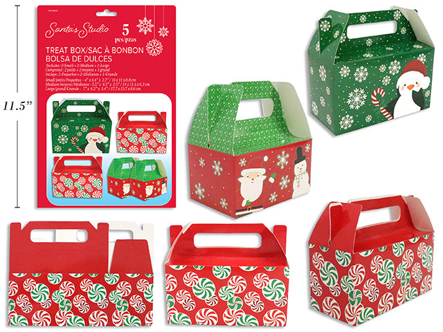 5pk Xmas Paper Treat Box Assortment. Incl:2-Small+ 2-Medium + 1-Large. 5 Asst.Style/PK. Polybag w/INC