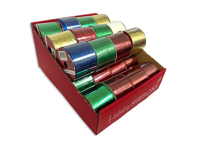 100ft (30.5m) Xmas Curling Ribbon in Display. 3/16in(W). 4 Asst.Colours. 28/Dsp.