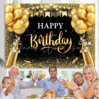 Black and Gold Balloon Glitter Birthday Backdrop (x1u)