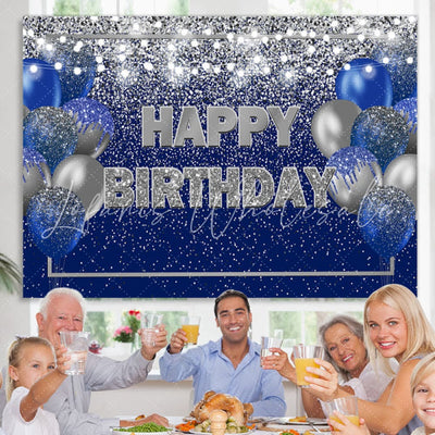 Blue and Silver Balloon Happy Birthday Backdrop (x1u)