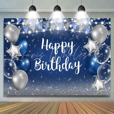 Blue and Silver Star Balloon Happy Birthday Backdrop (x1u)