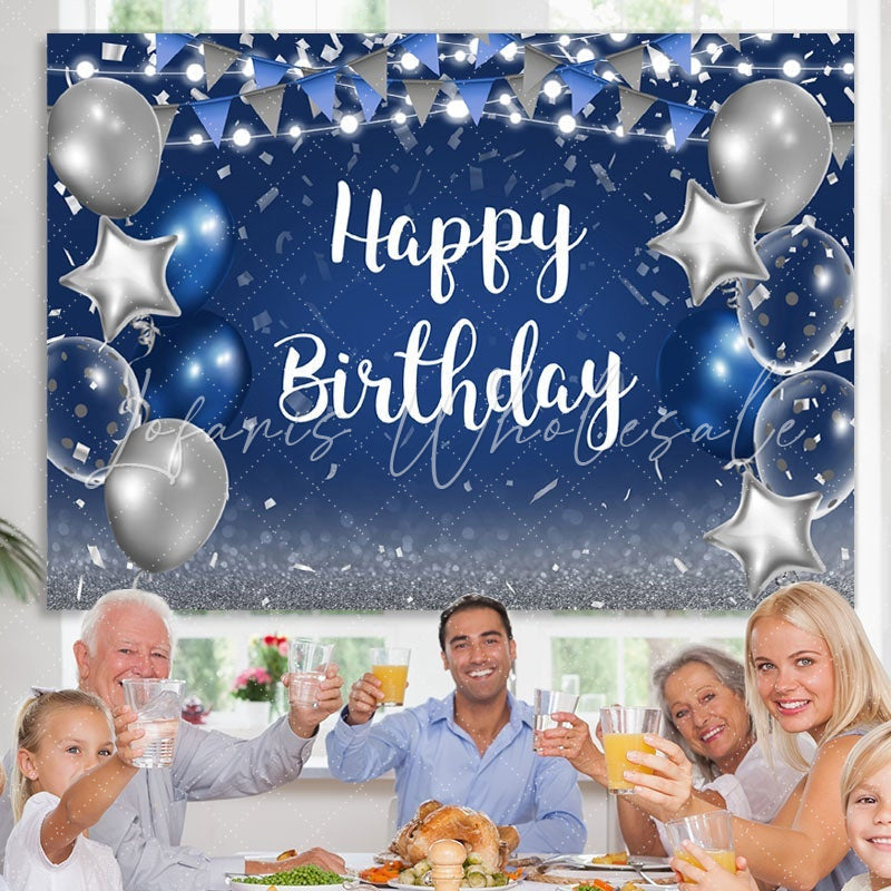 Blue and Silver Star Balloon Happy Birthday Backdrop (x1u)
