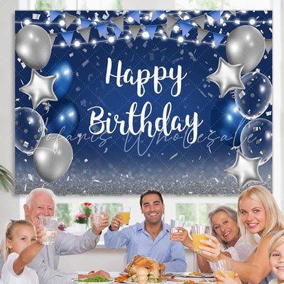 Blue and Silver Star Balloon Happy Birthday Backdrop (x1u)