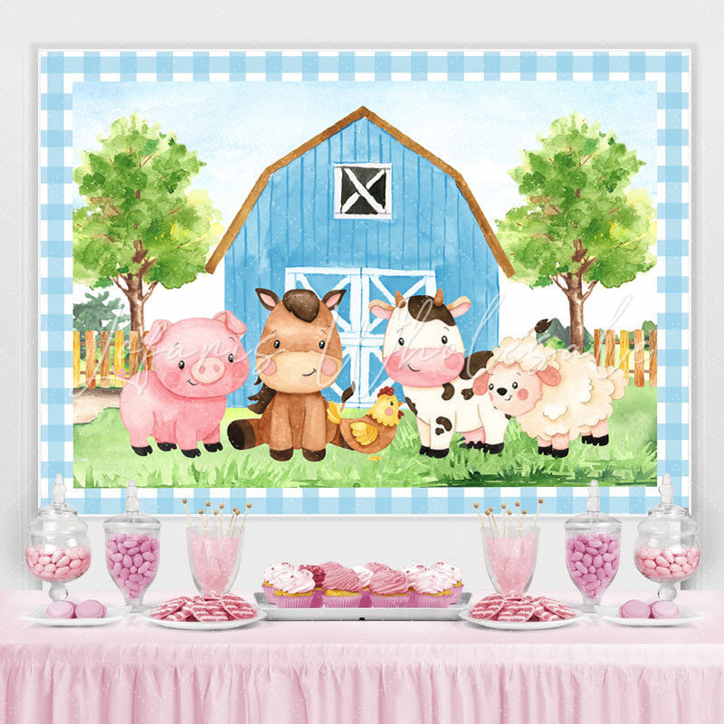 Blue farm cartoon animal photo Backdrop for children