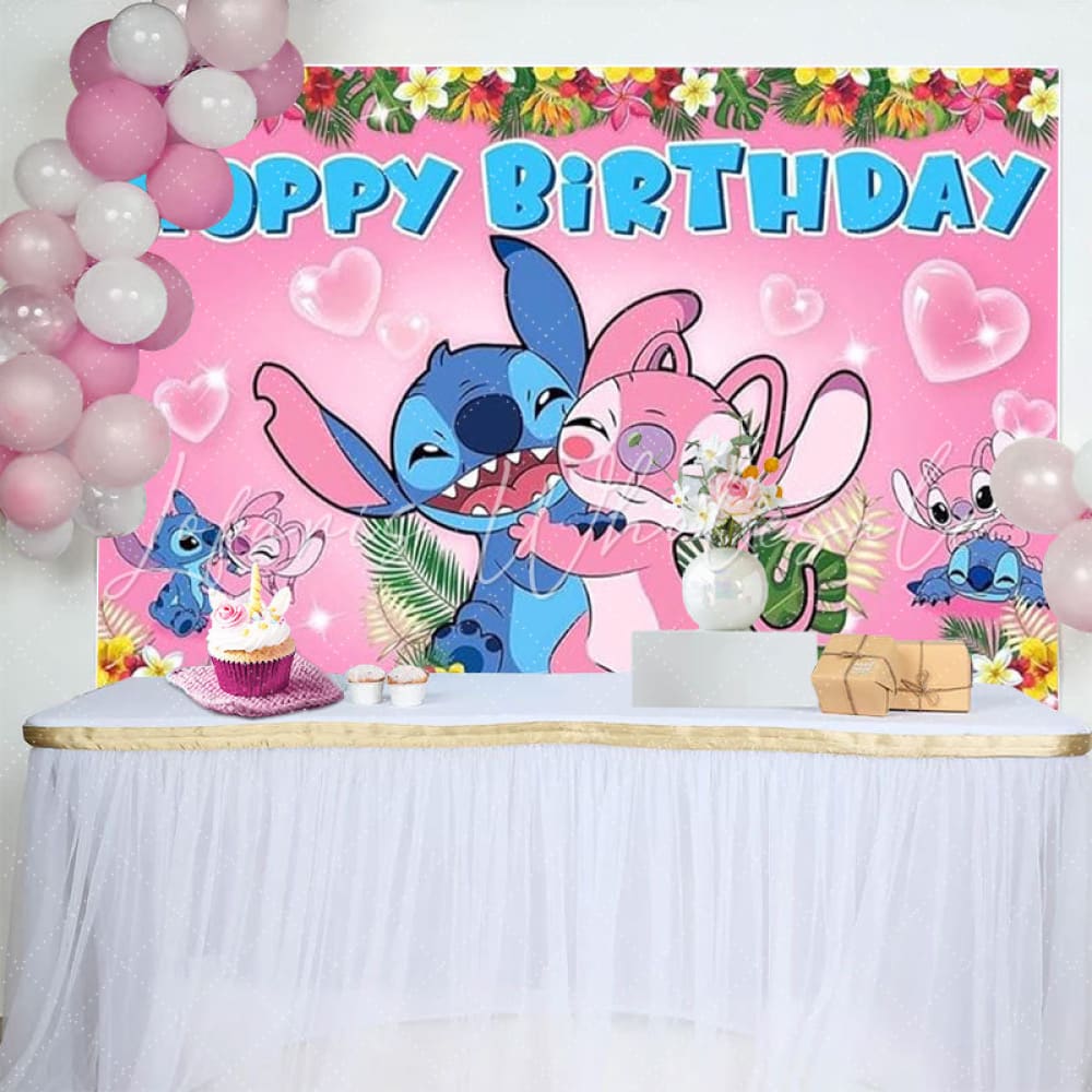 Cartoon Pink Angel Stitch Floral Happy Birthday Backdrop (x1u)