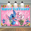 Cartoon Pink Angel Stitch Floral Happy Birthday Backdrop (x1u)