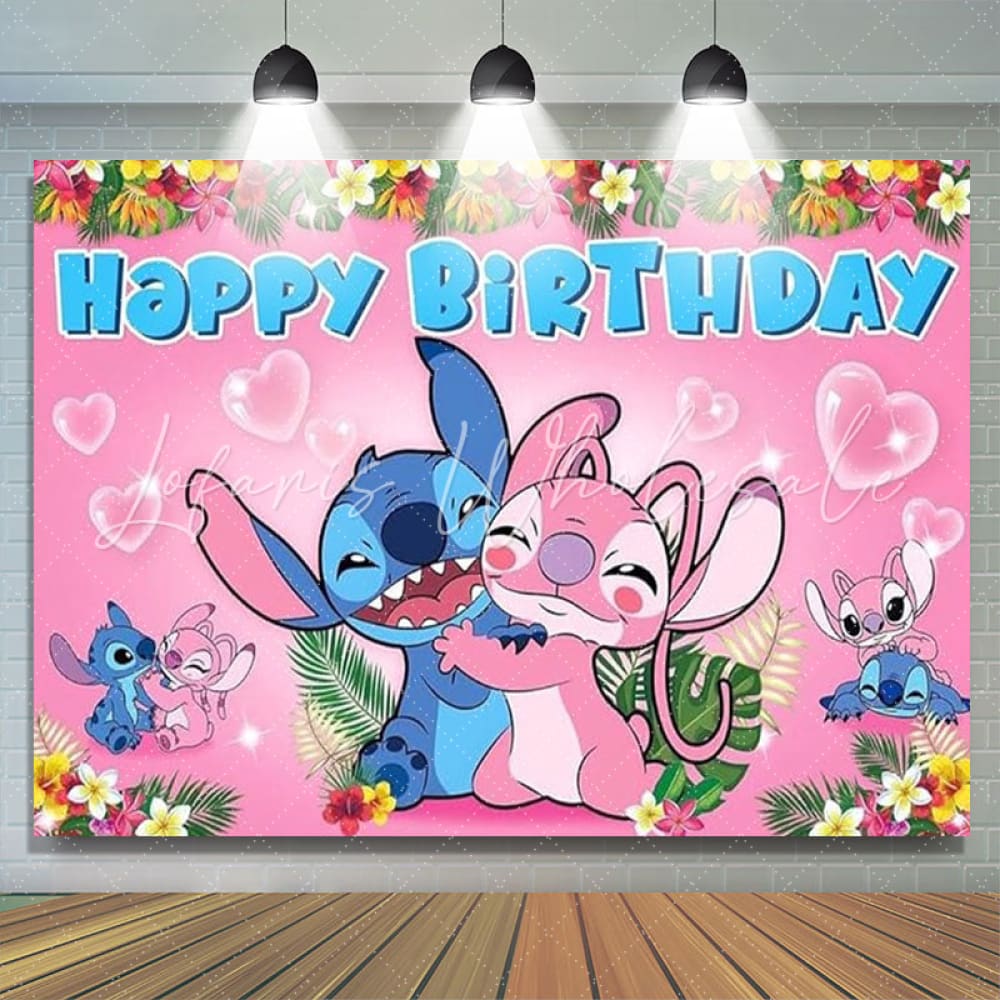 Cartoon Pink Angel Stitch Floral Happy Birthday Backdrop (x1u)