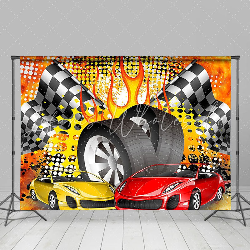 Cartoon Racing Car Black White Flag Birthday Backdrop (x1u)