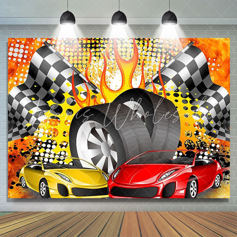 Cartoon Racing Car Black White Flag Birthday Backdrop (x1u)