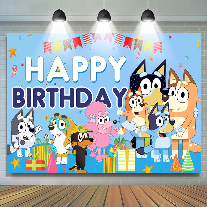 Cartoon sheepdog bluey theme happy birthday backdrop fiesta warehouse