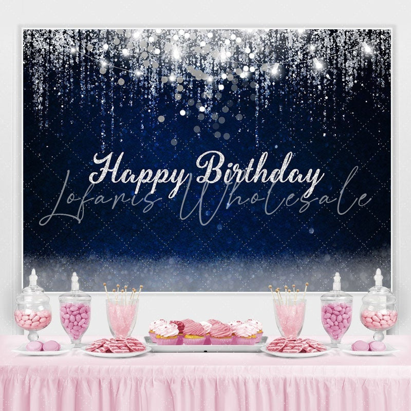 Dark Blue And Silver Glitter Happy Birthday Backdrop (x1u)