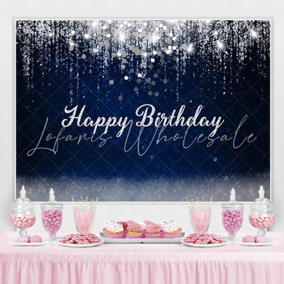 Dark Blue And Silver Glitter Happy Birthday Backdrop (x1u)