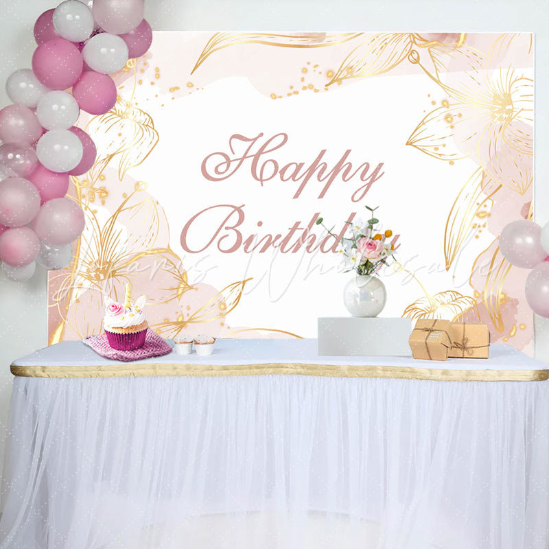 Golden Floral Lines Light Pink Birthday Backdrop (x1u)