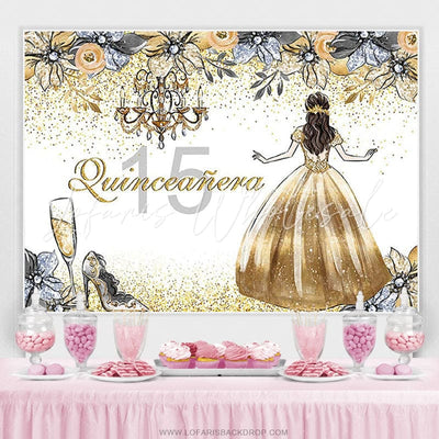 Backdrop Quinceañera Golden Glitter Floral Princess 15th Birthday