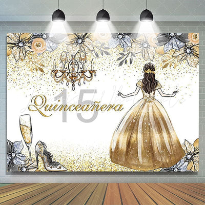 Backdrop Quinceañera Golden Glitter Floral Princess 15th Birthday
