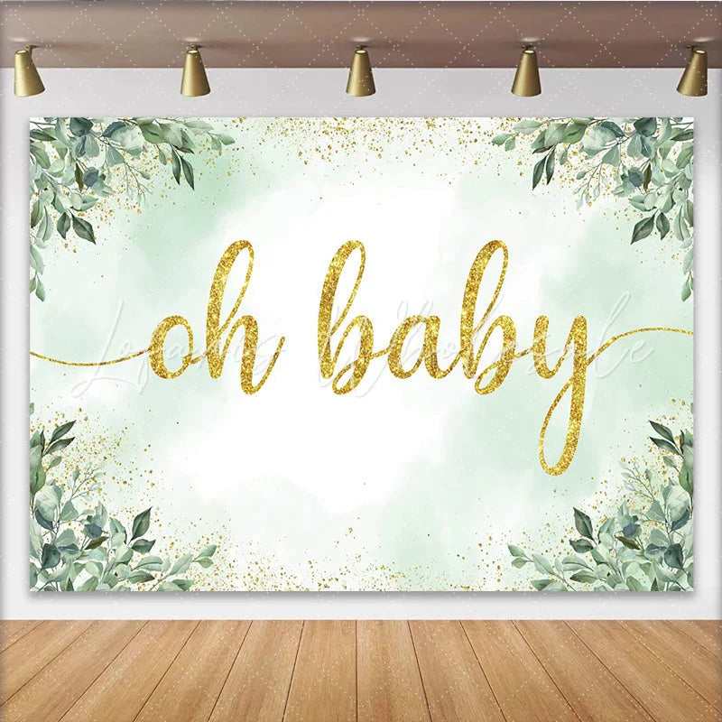 Eucalyptus Greenery and Gold Glitter Oh Baby Shower Backdrop (x1u)