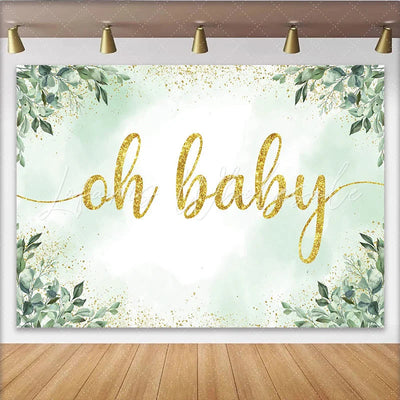 Eucalyptus Greenery and Gold Glitter Oh Baby Shower Backdrop (x1u)
