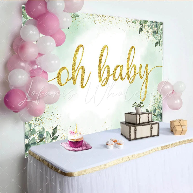 Eucalyptus Greenery and Gold Glitter Oh Baby Shower Backdrop (x1u)