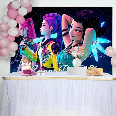 Neon Kpop Demon Hunters Girl Birthday Backdrop (x1u)