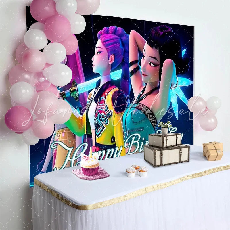 Neon Kpop Demon Hunters Girl Birthday Backdrop (x1u)