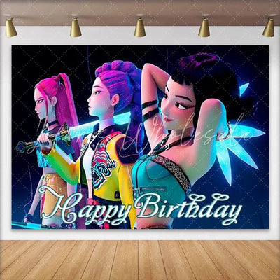Neon Kpop Demon Hunters Girl Birthday Backdrop (x1u)