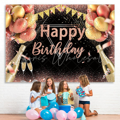 Pink and Golden Balloons Glitter Birthday Backdrop (x1u)